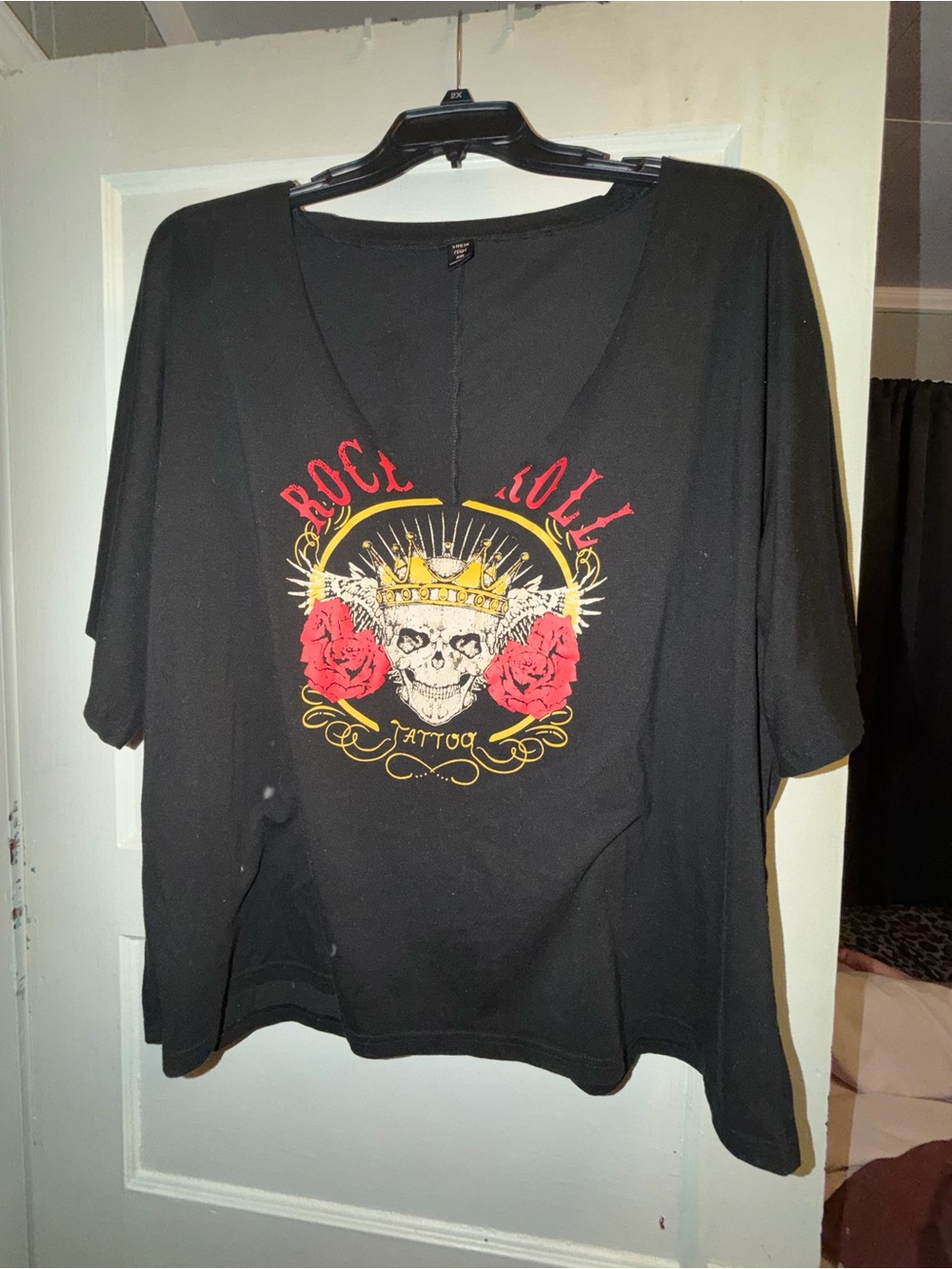 SHEIN Black V-Neck Rock & Skull Graphic Tee with Red Roses